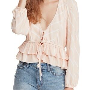 Free People Samifran Stripped Ruffle V-Neck  Cropped Blouse |Size Small|